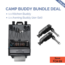 Load image into Gallery viewer, CAMP BUDDY BUNDLE DEAL. KITCHEN BUDDY. AWNING BUDDY Doppelpack. Dein Küchenbundle perfekt für Camping und Caravaning. Farbe: Grau, Schwarzt. Navigator. Produktbild