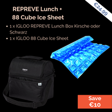 Lade das Bild in den Galerie-Viewer, Bundle Deal: REPREVE Lunch Bag + 88 Cube Ice Sheet ; Perfekter Bundle für Camping und Caravaning ; Farbe: Schwarz und Blau ; Igloo ; Produktbild