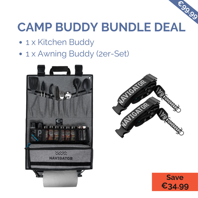 CAMP BUDDY BUNDLE DEAL. KITCHEN BUDDY. AWNING BUDDY Doppelpack. Dein Küchenbundle perfekt für Camping und Caravaning. Farbe: Grau, Schwarzt. Navigator. Produktbild