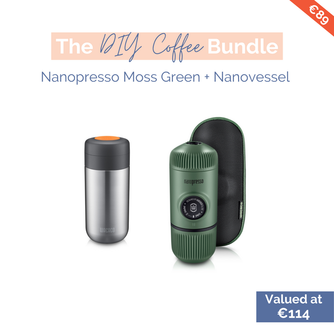 Nanopresso Moos Grün und Nanovessel. Produktbilder. Wacaco. Farbe: Silber, Grün.