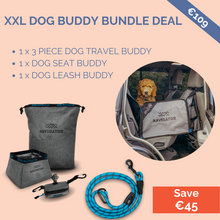 Load image into Gallery viewer, XXL DOG BUDDY BUNDLE DEAL ; 3 PIECE DOG TRAVEL BUDDY (Collapsible Dog Bowl Buddy (Napf), Dog Food Storage Buddy (Aufbewahrungstasche), Dog Poo Bag Buddy (Kotbeutel)) , DOG SEAT BUDDY , DOG LEASH BUDDY ; Farben: Grau, Schwarz, Blau ; Alles, was du für deinen flauschigen Begleiter bei Caravan, Camping oder zu Hause brauchen könntest ; Navigator ; Produktbilder 
