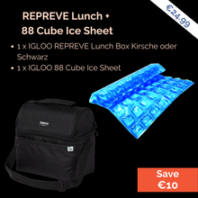 Load image into Gallery viewer, Bundle Deal: REPREVE Lunch Bag + 88 Cube Ice Sheet ; Perfekter Bundle für Camping und Caravaning ; Farbe: Schwarz und Blau ; Igloo ; Produktbild 
